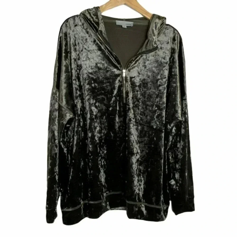 LUUKSE 1X army green velvet zip hooded jacket‎
